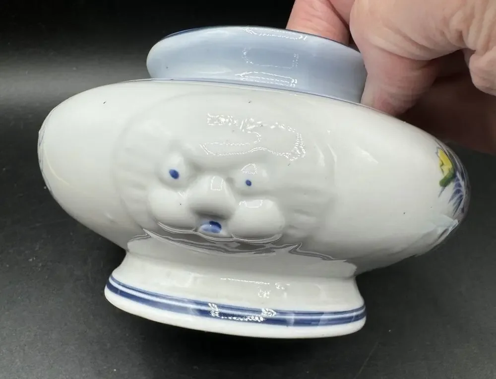 Rare Antique Ceramic Lions Head Sugar Bowl Or Dry Creamer Dish hand Painted -A99